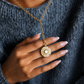 Model wearing the Dawn waterproof gold lariat necklace with adjustable drop pendant