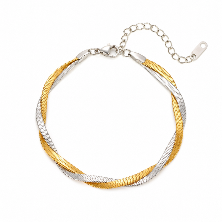 Double snake bracelet with intertwined gold and silver chains