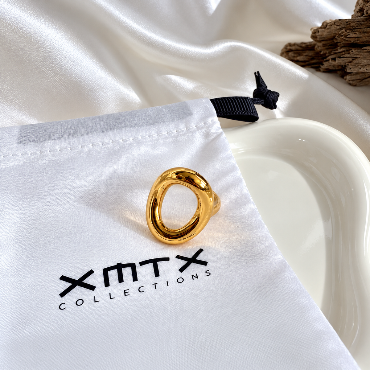 Drea non-tarnish gold ring styled with XMTX Collections jewelry