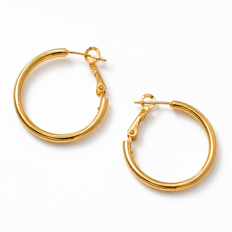 Dulcie gold hoop earrings with a polished finish, crafted from waterproof non-tarnish 18K Gold PVD-plated stainless steel