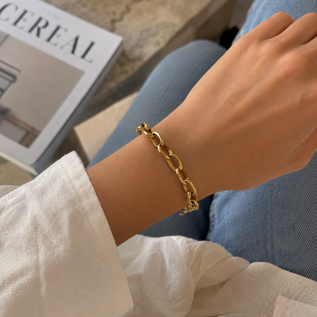 Elongated Oval Link Bracelet Everyday Lifestyle Shot