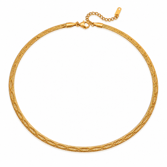 Embossed Herringbone Necklace in 18K Gold PVD plated stainless steel, waterproof and non-tarnish gold necklace