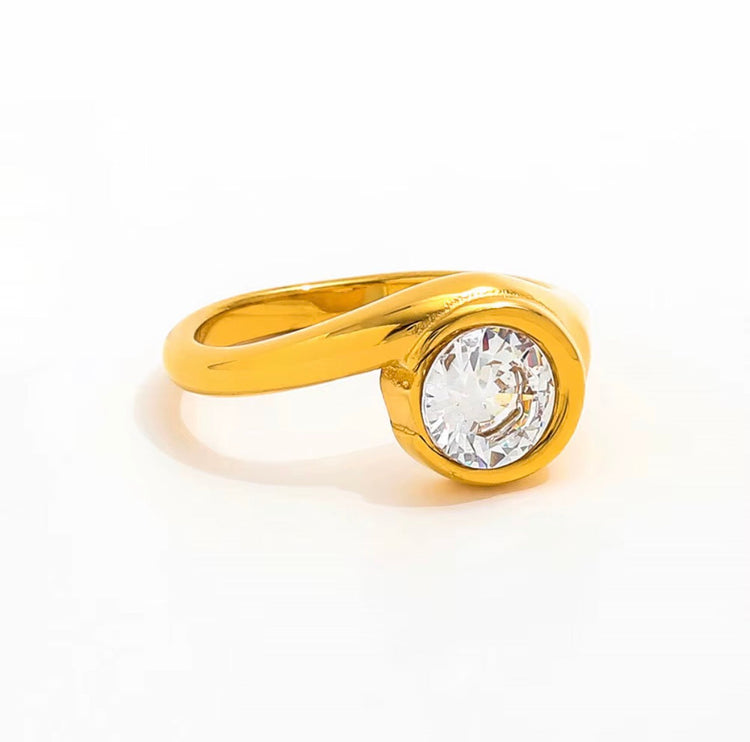 Emily gold bezel ring with cubic zirconia on white background, minimalist waterproof ring by XMTX Collections