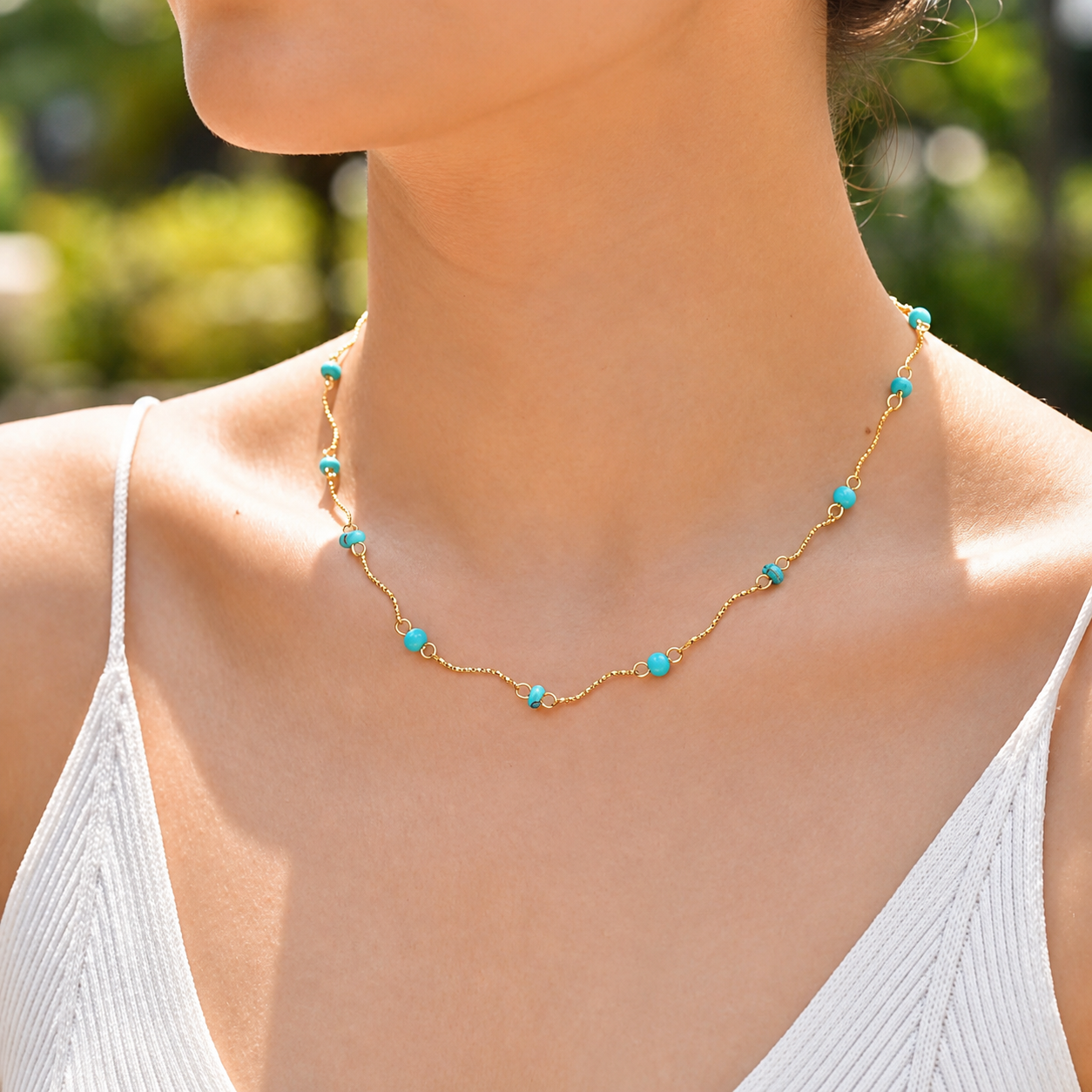 Model wearing the Georgia Turquoise Necklace.