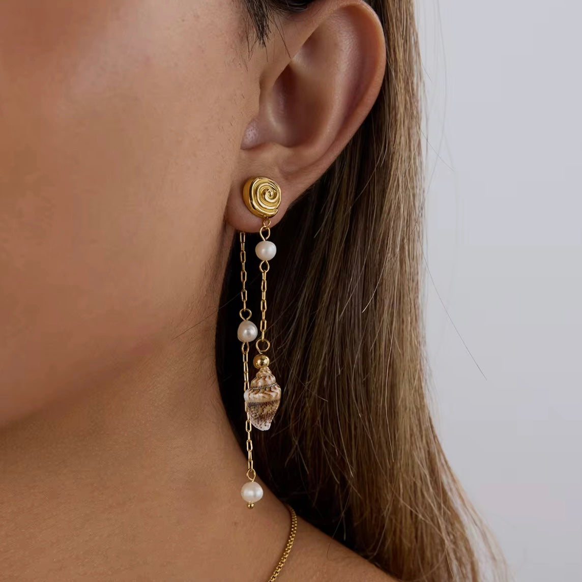 Seaside earrings with natural shell and pearl accents