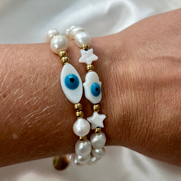 Nacre Hamsa Stars & Pearls / Evil Eye Bracelet