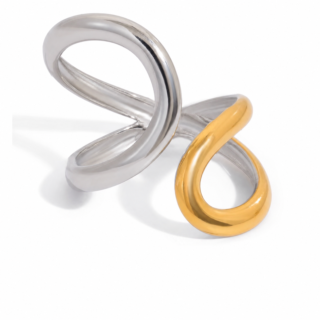 June Two Tone Open Ring in gold and silver stainless steel on white background