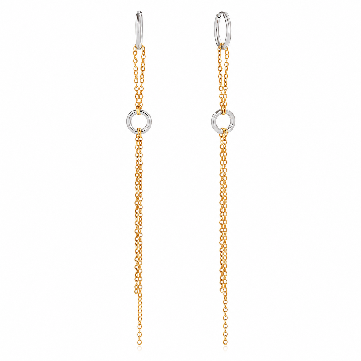 Front view of Kiana waterproof mixed metal drop earrings featuring silver hoops with long gold chain details.