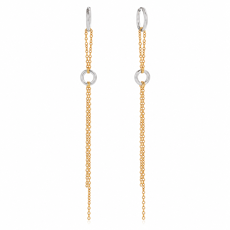 Front view of Kiana waterproof mixed metal drop earrings featuring silver hoops with long gold chain details.