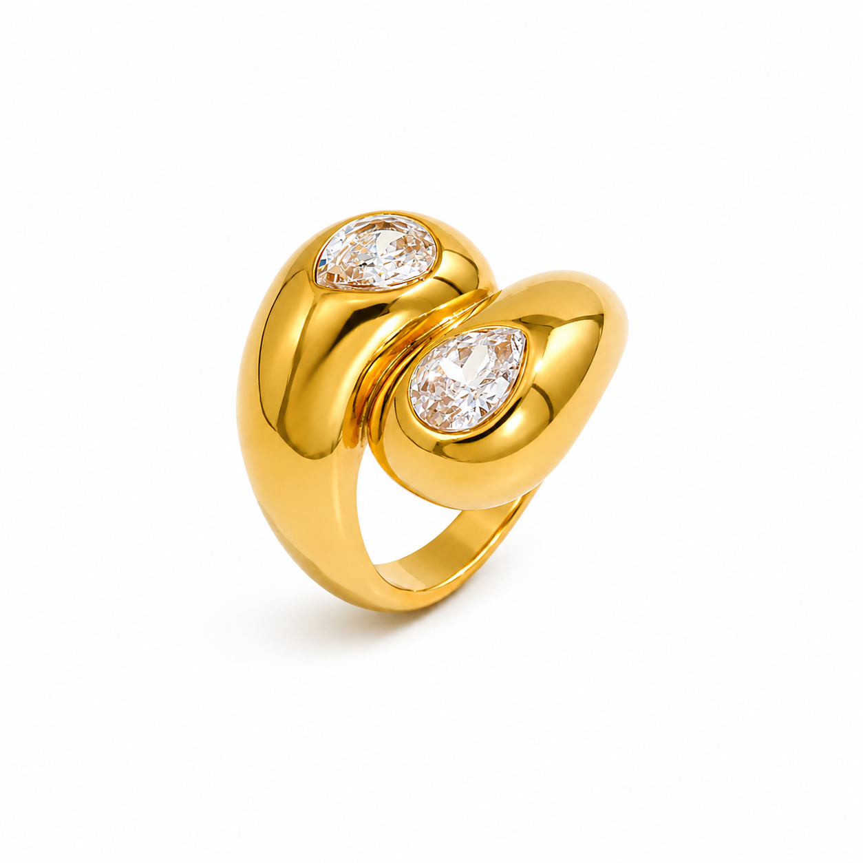 A polished yellow gold ring featuring two marquise-cut clear gemstones in a split, organic design, set against a clean white background.