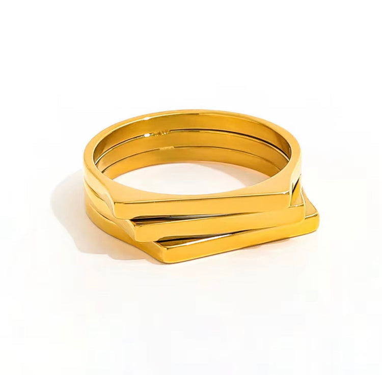 Lauren gold layered band ring on white background, waterproof stainless steel jewelry