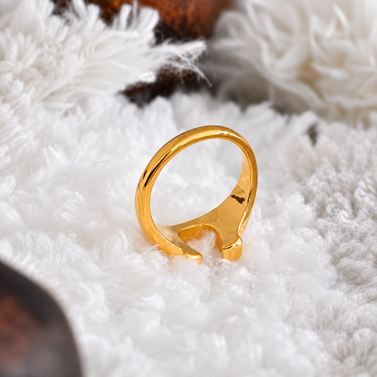 Lucky Horseshoe Ring displayed in a soft lifestyle setting showcasing its polished 18K gold finish and bold horseshoe silhouette.