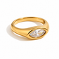 A polished yellow gold ring featuring a marquise-cut clear gemstone, shown on a clean white background with a soft shadow.