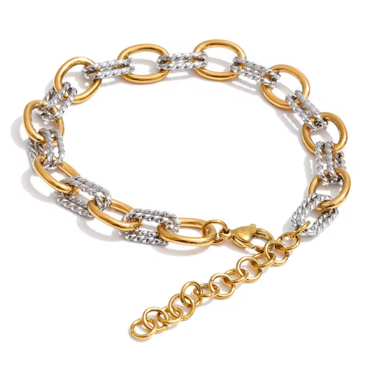 Madison two-tone link bracelet in gold and silver stainless steel, waterproof and non-tarnish bracelet from XMTX Collections shown on a white background