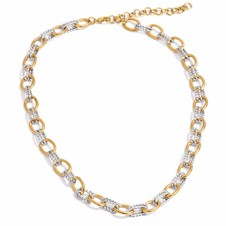 Madison two-tone link chain necklace featuring gold and silver stainless steel links, waterproof and non-tarnish jewelry from XMTX Collections.