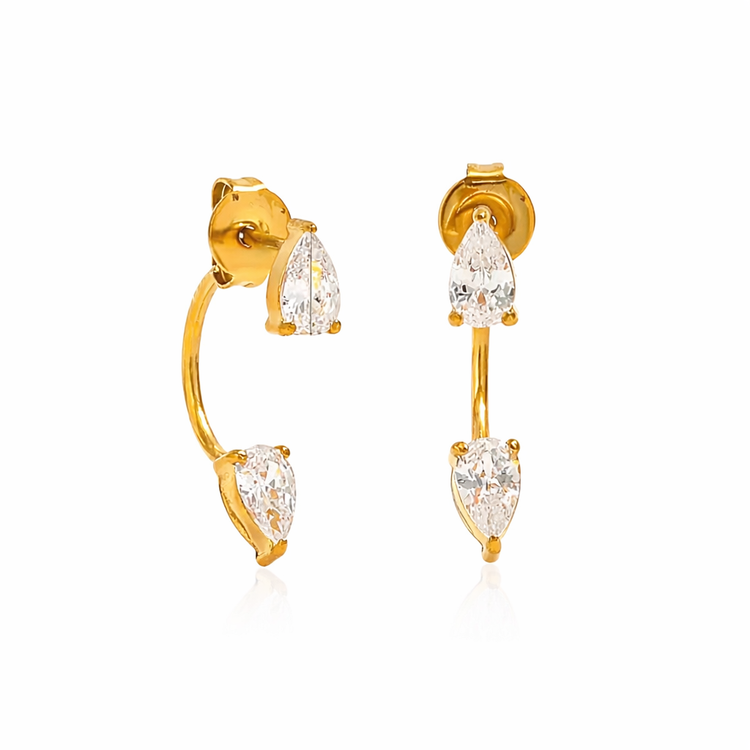 Gold pear ear jacket earrings with front stud and hidden drop design, dainty minimalist jewelry