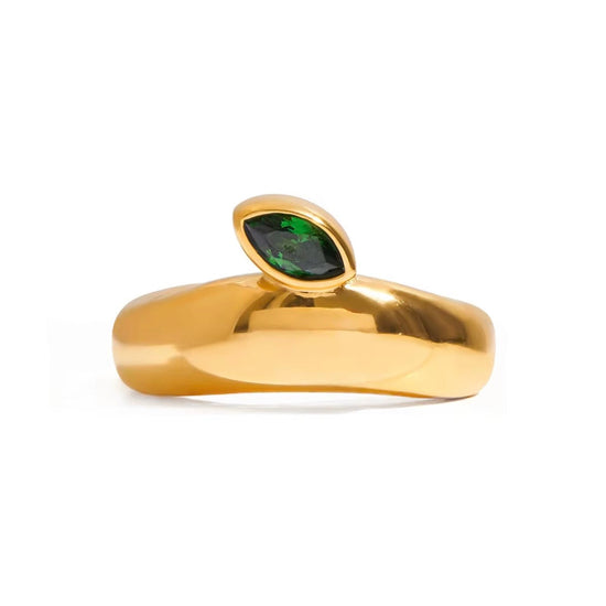 Front view of Natalie Ring gold dome ring with emerald green marquise stone
