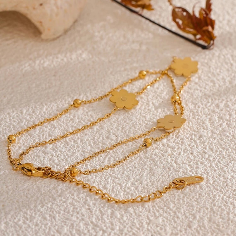 Add a touch of whimsy to your outfit with our Mother of Pearl Flowers Anklet. Delicate and dainty, this anklet features pretty, natural shell flowers that will elevate any look. Perfect for those who want to add a fun and playful touch to their style.

&nbsp;

This piece is made to last, hypoallergenic anti tarnish &amp; water resistant&nbsp;

316L Stainless Steel 18K Gold Plated

8.5 inches long +2 inches ext