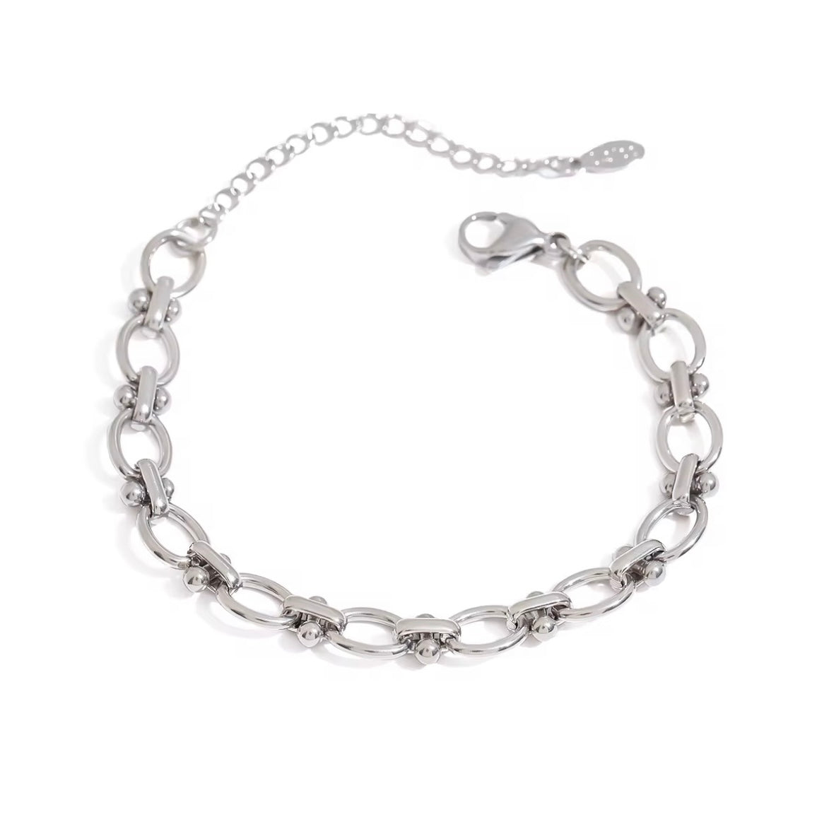 Silver oval link bracelet made from waterproof non-tarnish stainless steel with adjustable chain closure