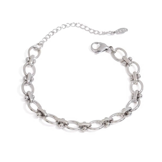 Silver oval link bracelet made from waterproof non-tarnish stainless steel with adjustable chain closure
