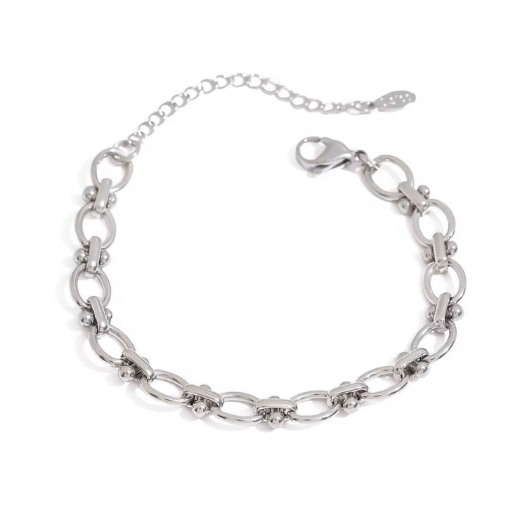 Silver oval link bracelet made from waterproof non-tarnish stainless steel with adjustable chain closure