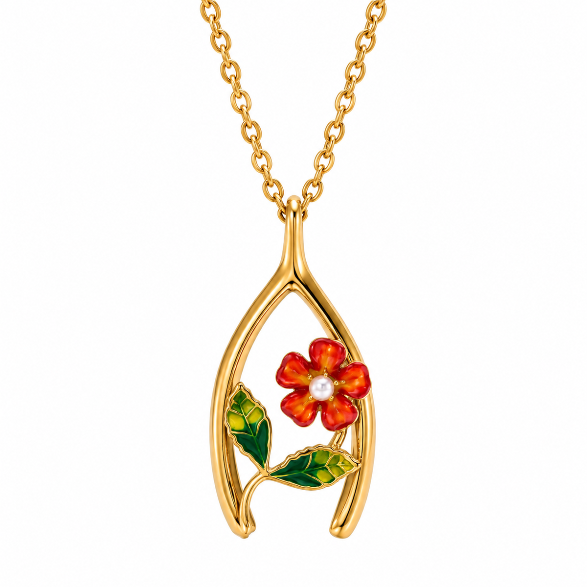 Poppy Wishbone Necklace with red flower, pearl center and green enamel leaves in 18K Gold PVD plated stainless steel