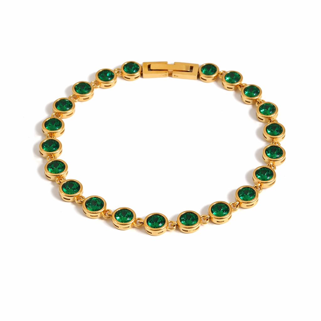 Gold Railey Rhinestone Bracelet with emerald green rhinestones on white background