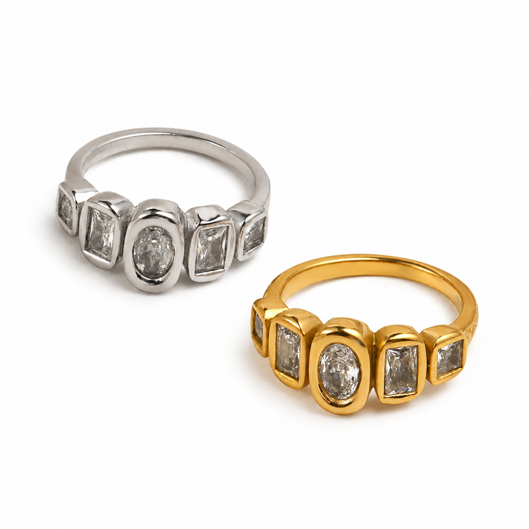 Sadie five-stone statement ring in 18K gold and silver with oval and rectangular clear stones