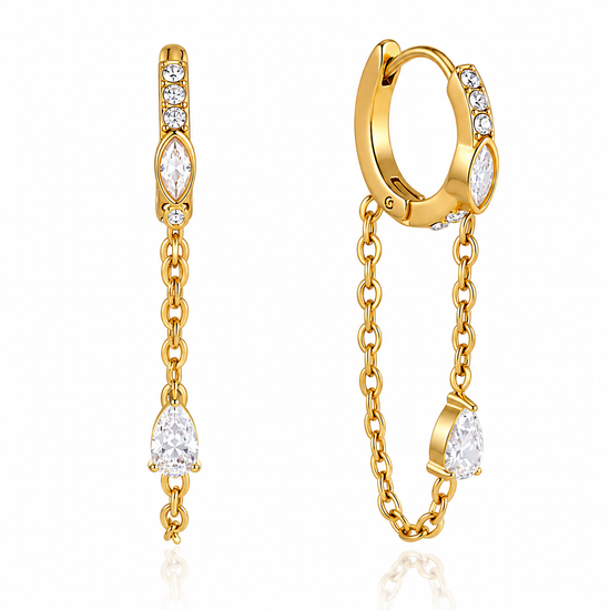 Waterproof gold huggie earrings with cubic zirconia, chain tassels, and clear pear-cut stones