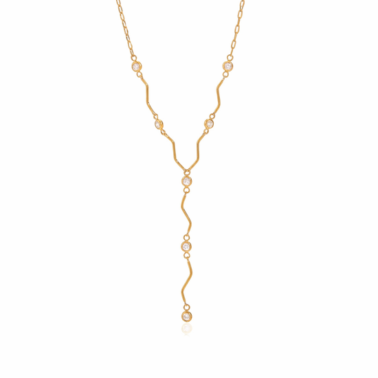Saya gold Y necklace with crystal accents displayed on a white background
