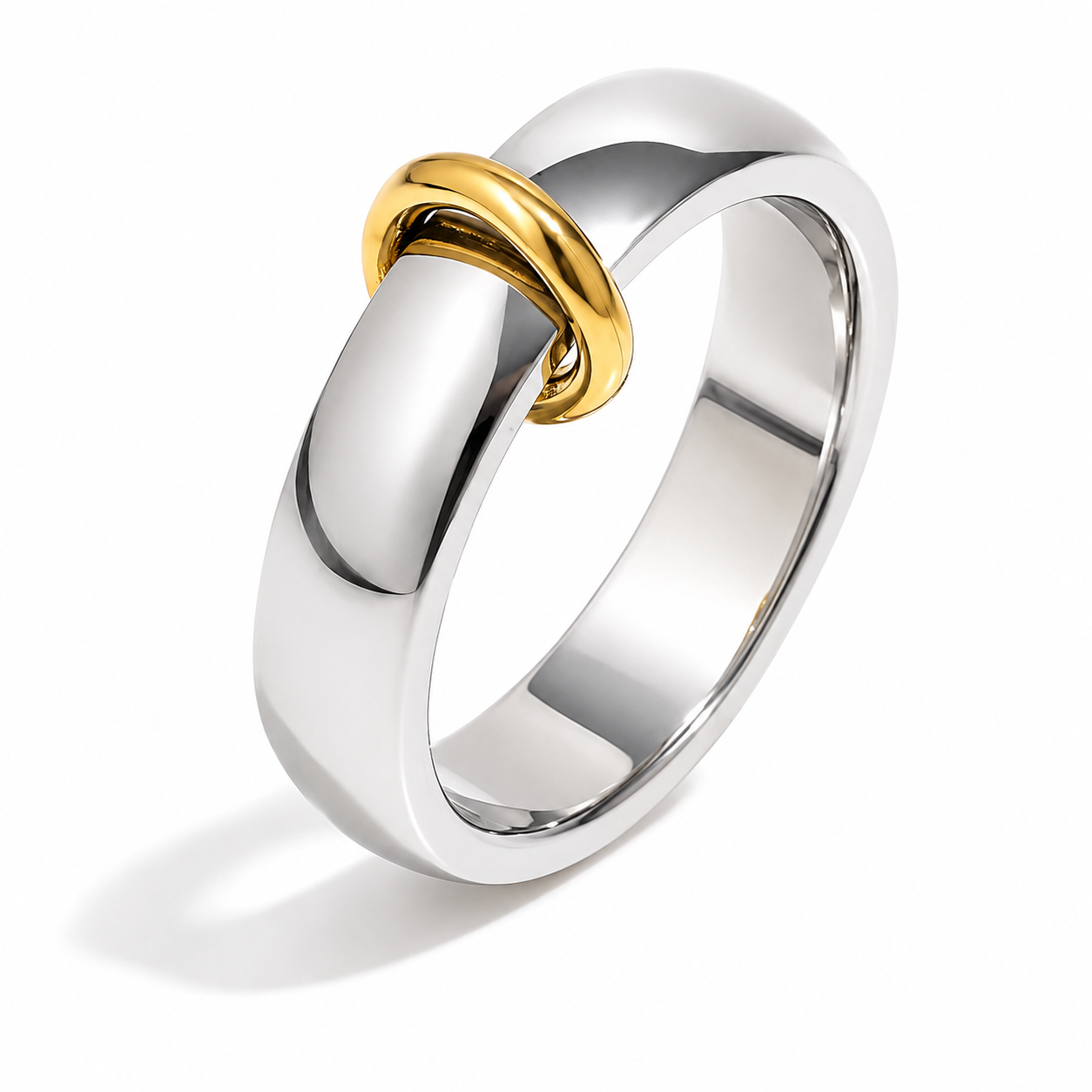 A polished two-tone ring with a silver band and a gold interlocking loop detail, shown on a clean white background.