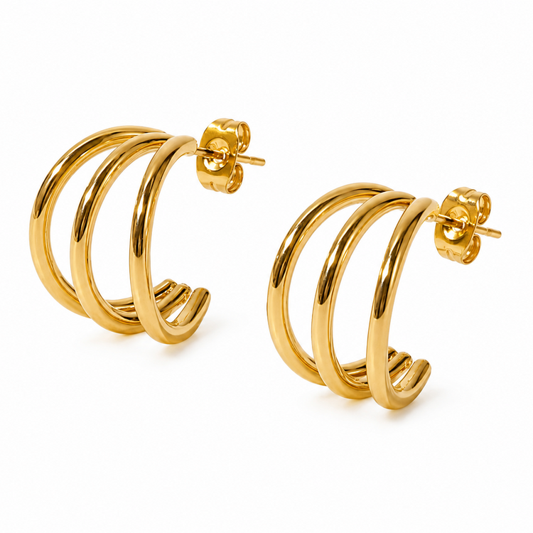 Shanti triple gold hoop earrings featuring a sculptural stacked hoop design in waterproof, non-tarnish 18K Gold PVD-plated stainless steel.