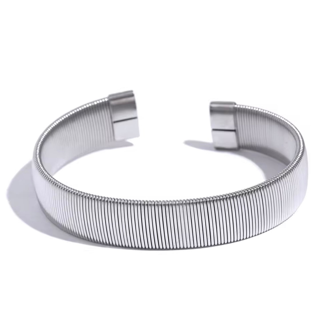 Silver textured band cuff bracelet made from polished stainless steel, non-tarnish minimalist jewelry by XMTX Collections