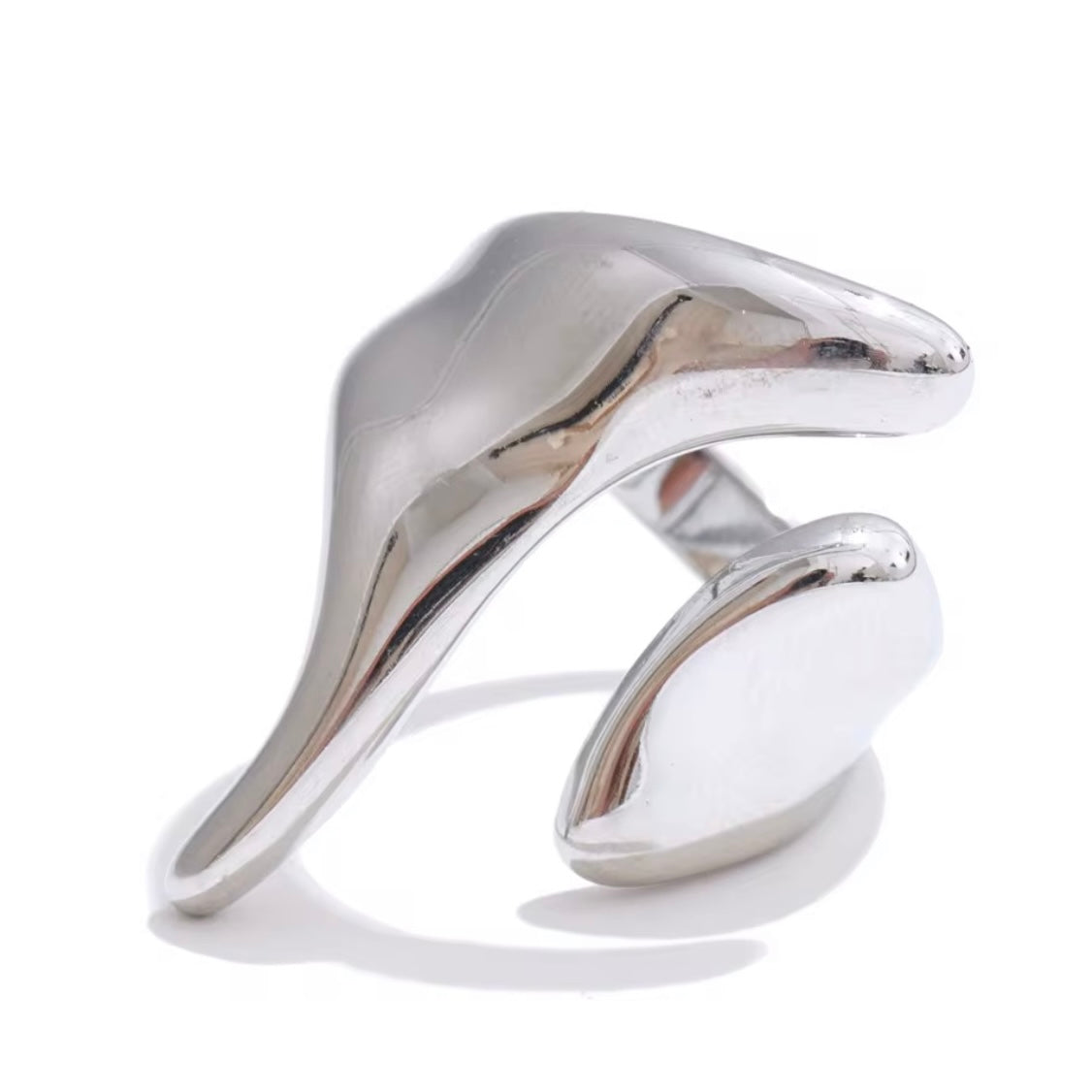 Soleil Melt Ring in polished silver stainless steel featuring a modern organic adjustable design