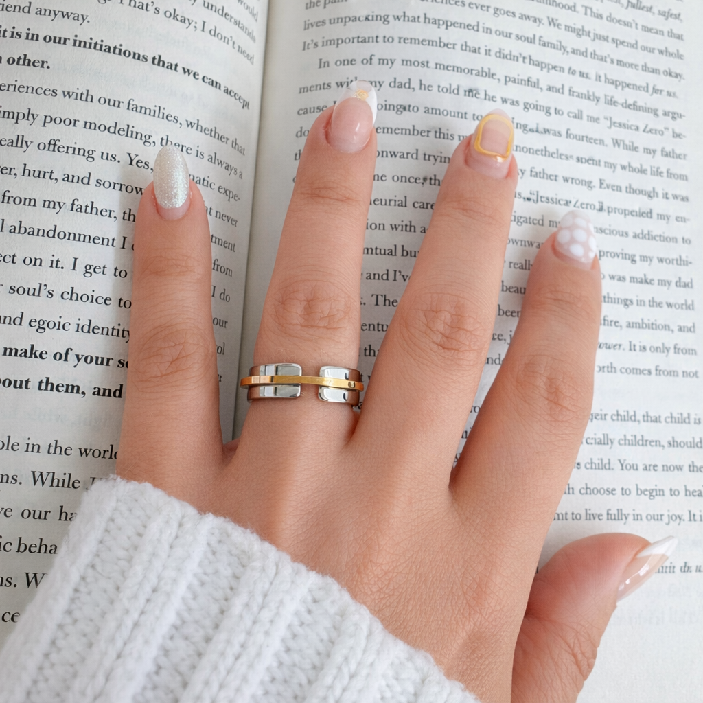 Stacy two tone ring worn on hand, gold and silver everyday waterproof jewelry