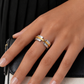 Stacy two tone ring on model hand, modern waterproof jewelry styled with black outfit