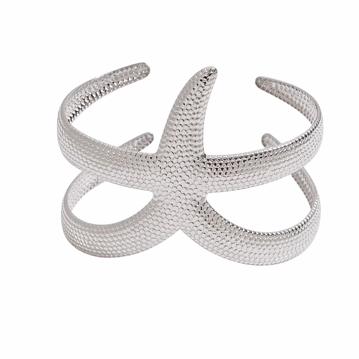 Silver starfish bangle bracelet on white background waterproof stainless steel