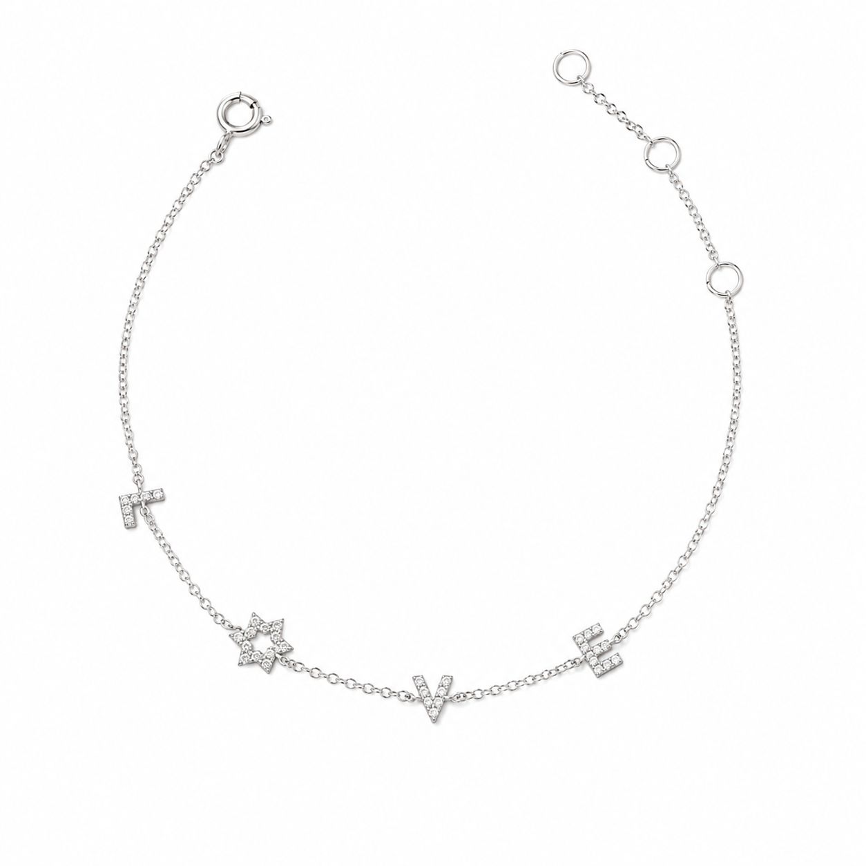 Sterling silver pavé Mogen David LOVE bracelet on white background