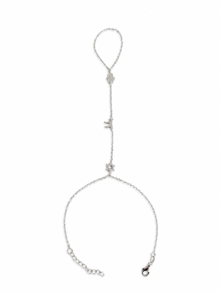 Sterling Silver Star of David Hamsa and Chai Hand Chain Bracelet product image