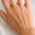 Sterling silver Star of David hand chain with clear cubic zirconia accents shown worn on the hand in a gold finish.
