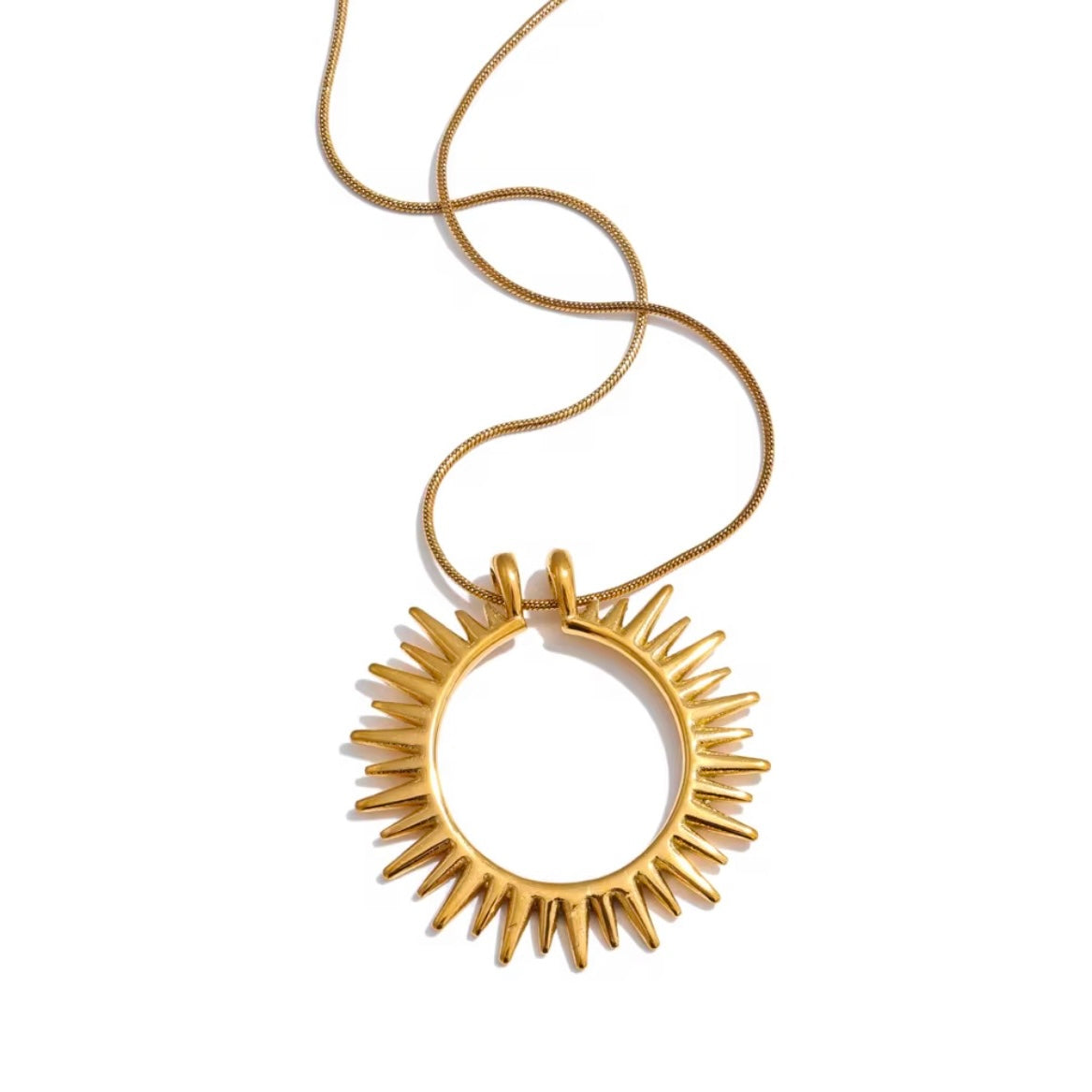 Sunray Necklace featuring a gold open sun pendant on a waterproof non-tarnish stainless steel snake chain against a white background.