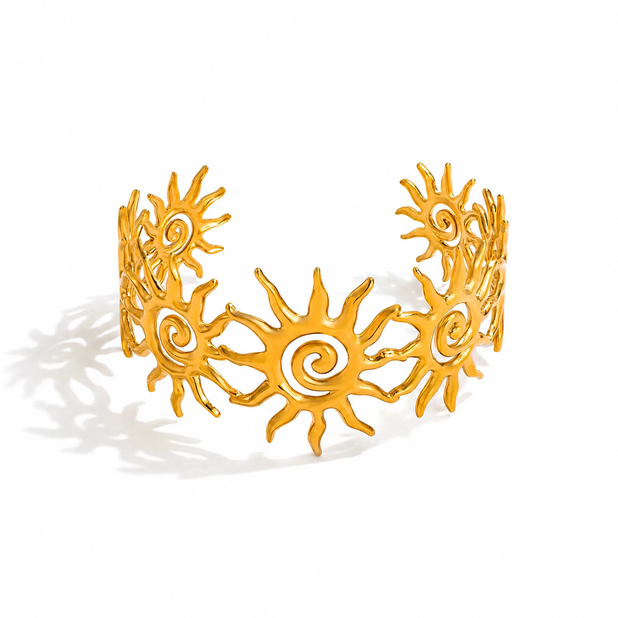 Sunshine Bracelet waterproof non-tarnish gold cuff bracelet featuring radiant sun motifs on a white background
