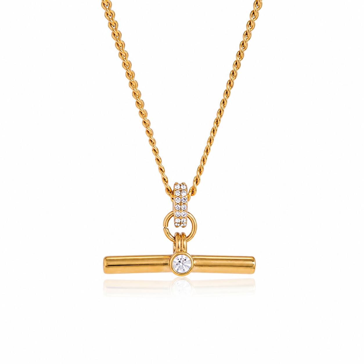 T Bar necklace in 18K gold PVD plated stainless steel featuring a crystal accent on a white background. Waterproof, non-tarnish, hypoallergenic everyday necklace by XMTX Collections.