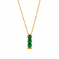 A gold chain necklace with a vertical bar pendant featuring four round-cut green emerald-cut gemstones, shown on a plain white background.