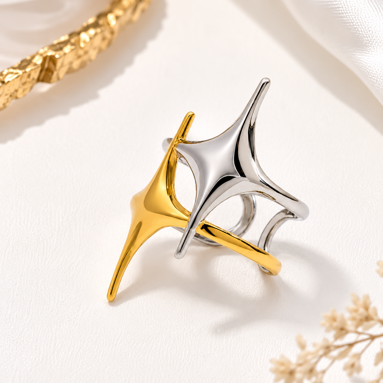 Close-up of the Two Tone Stars Open Ring design