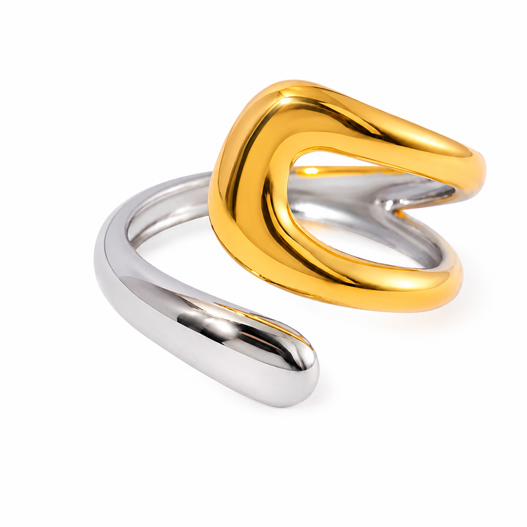 Front view of the Two Tone Open Ring with a polished gold and silver sculptural design