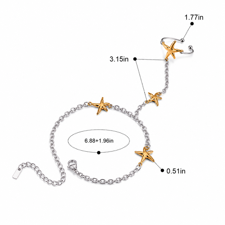 Size guide for the Two Tone Starfish Ring Hand Chain showing bracelet length, ring chain length, starfish size, and adjustable open ring