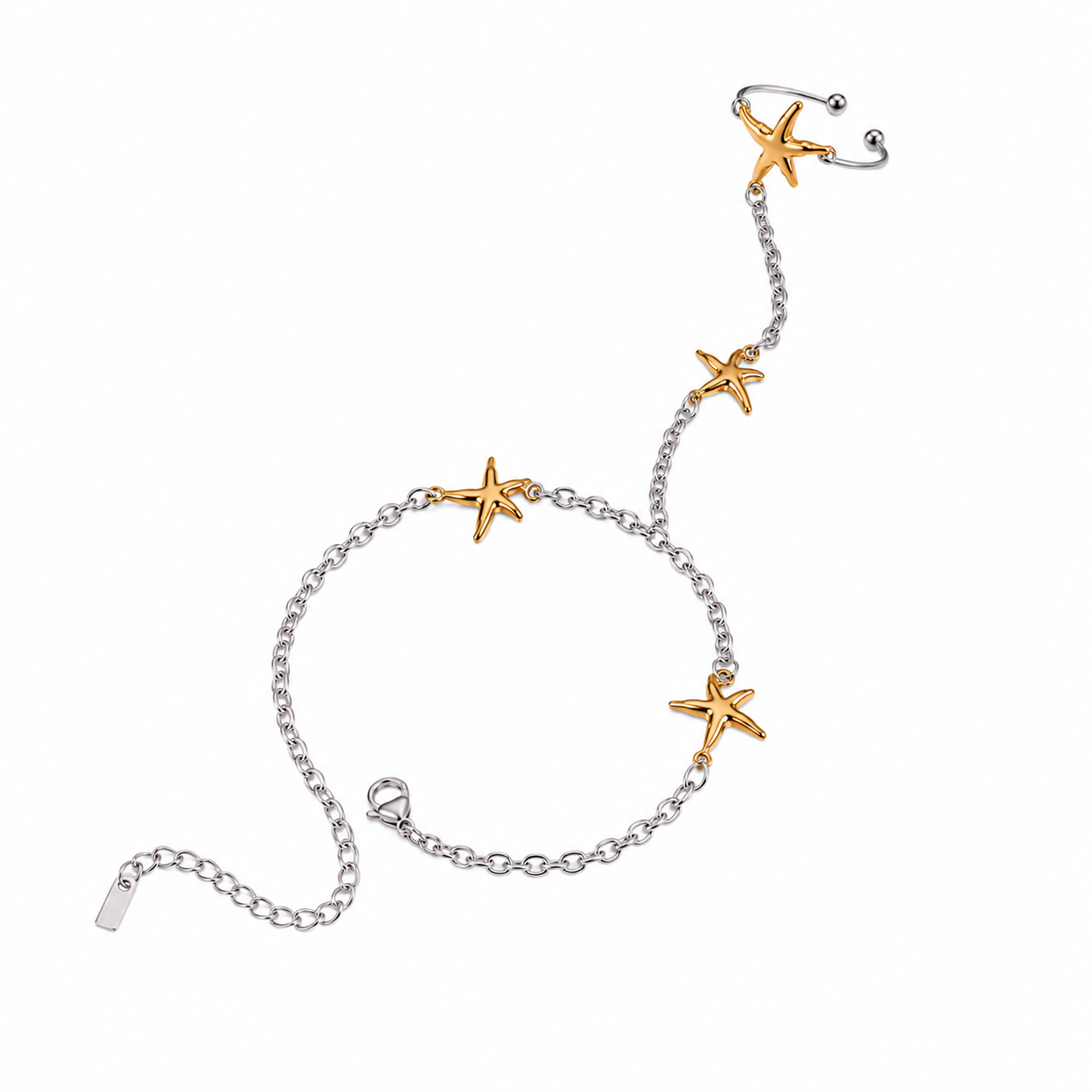 Two Tone Starfish Ring Hand Chain with adjustable open ring on a clean white background