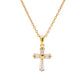 Front view of the Vintage Rhinestone Cross Necklace featuring baguette-cut rhinestones in an 18K gold PVD plated stainless steel setting