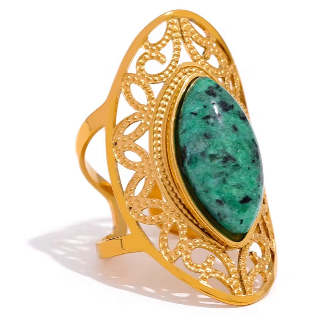Gold African turquoise statement ring with oval green stone